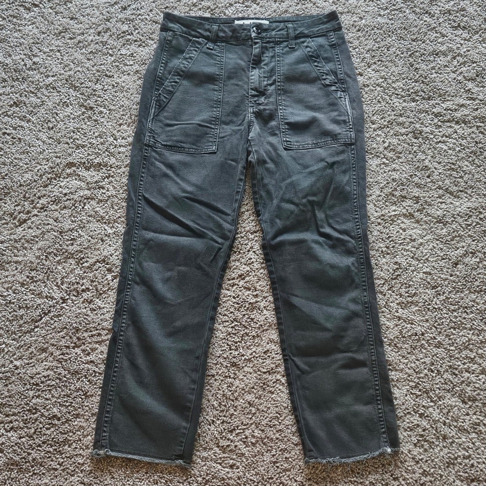 AMO Utility Crop Pants Size 26 Faded Black Raw Hem High Rise Straight Leg Denim
